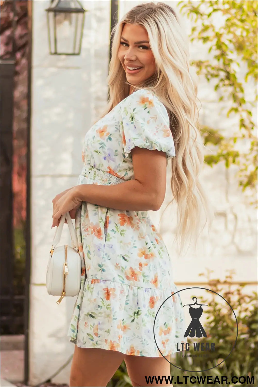 Beige Floral Print Shirred High Waist Puff Sleeve Mini Dress - L.T.C Wear Online Fashion Store