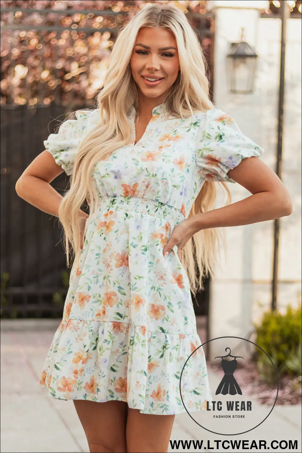 Beige Floral Print Shirred High Waist Puff Sleeve Mini Dress - L.T.C Wear Online Fashion Store