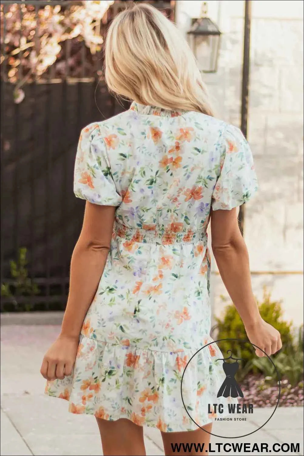 Beige Floral Print Shirred High Waist Puff Sleeve Mini Dress