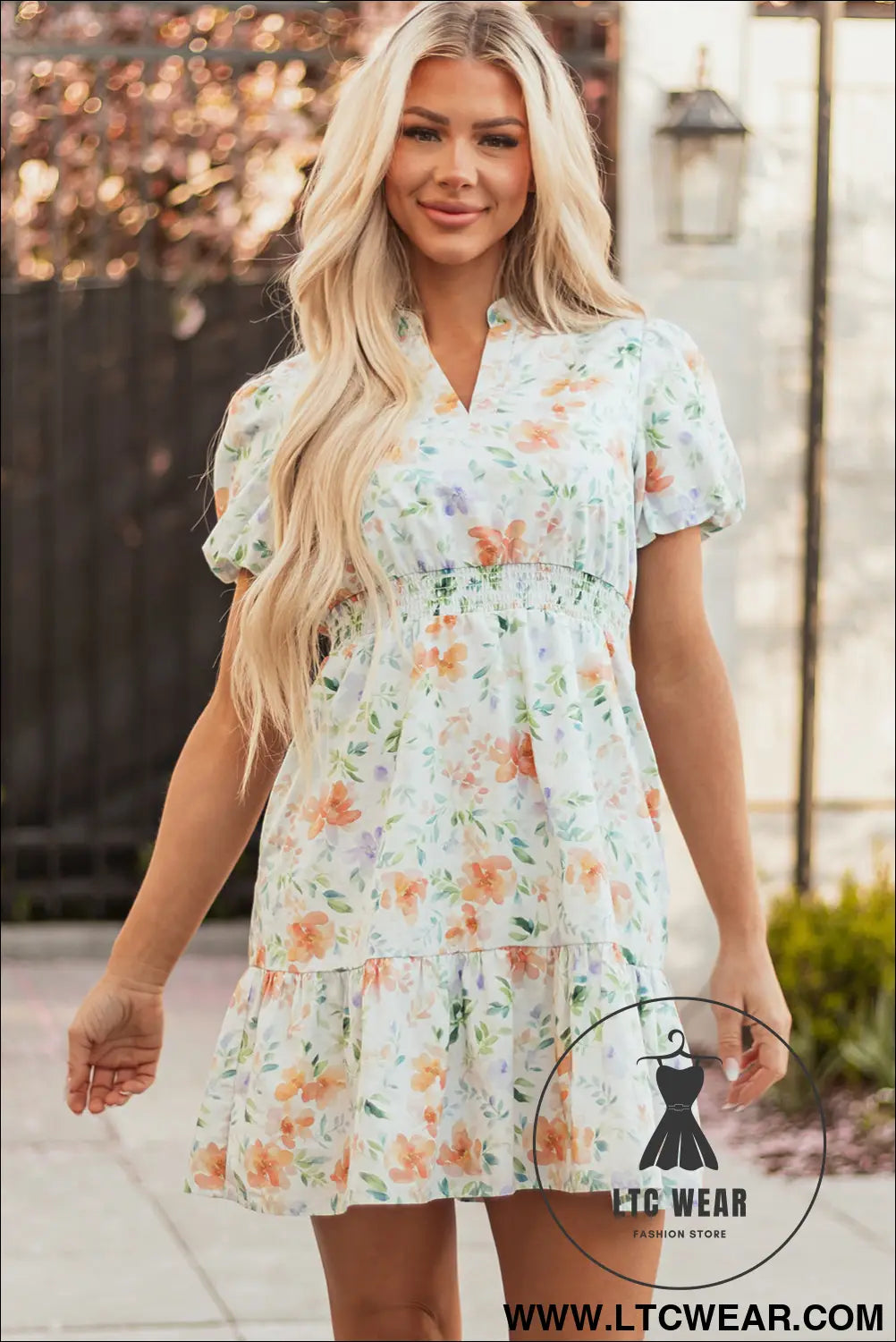 Beige Floral Print Shirred High Waist Puff Sleeve Mini Dress - L.T.C Wear Online Fashion Store