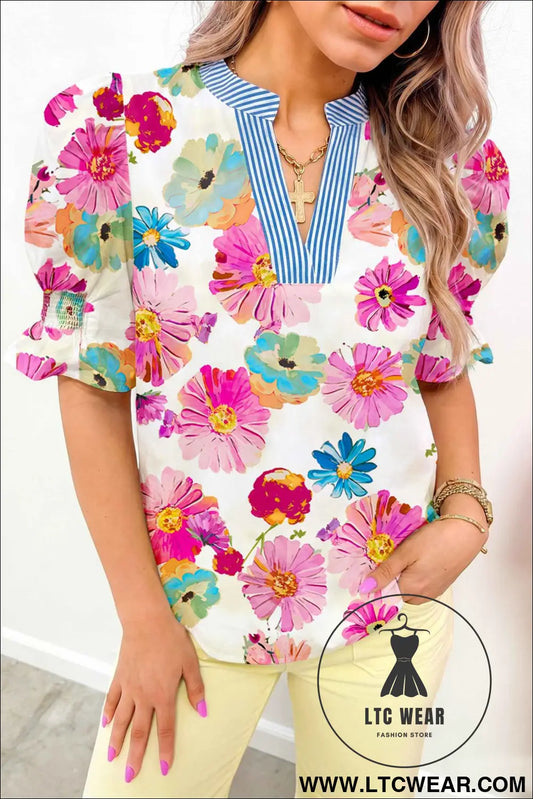 Beige Floral Print Short Puff Sleeve Striped Trim V Neck Blouse