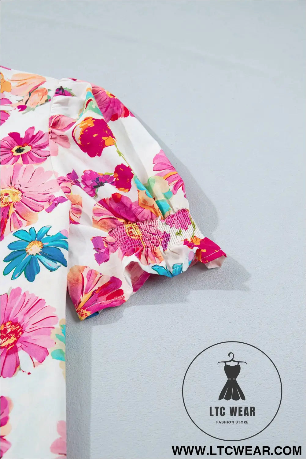Beige Floral Print Short Puff Sleeve Striped Trim V Neck Blouse - L.T.C Wear Online Fashion Store