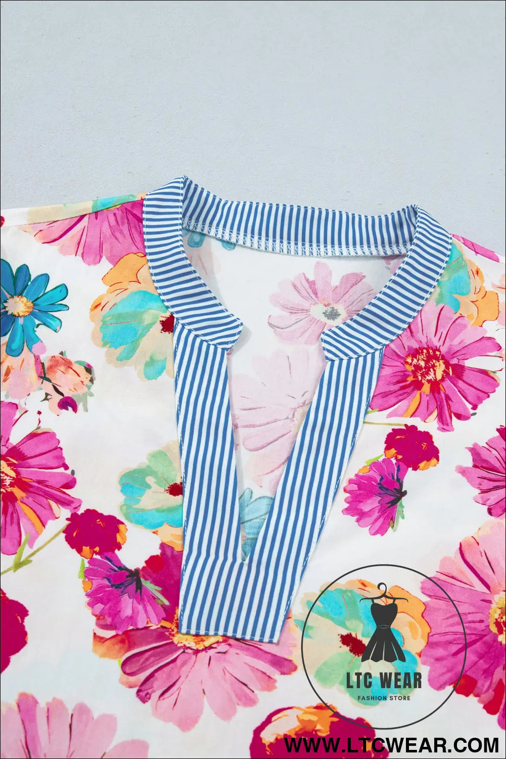 Beige Floral Print Short Puff Sleeve Striped Trim V Neck Blouse - L.T.C Wear Online Fashion Store