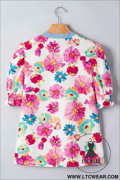 Beige Floral Print Short Puff Sleeve Striped Trim V Neck Blouse