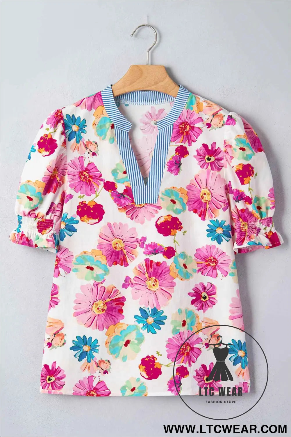 Beige Floral Print Short Puff Sleeve Striped Trim V Neck Blouse
