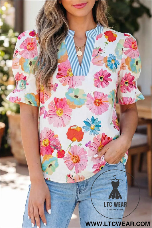 Beige Floral Print Short Puff Sleeve Striped Trim V Neck Blouse