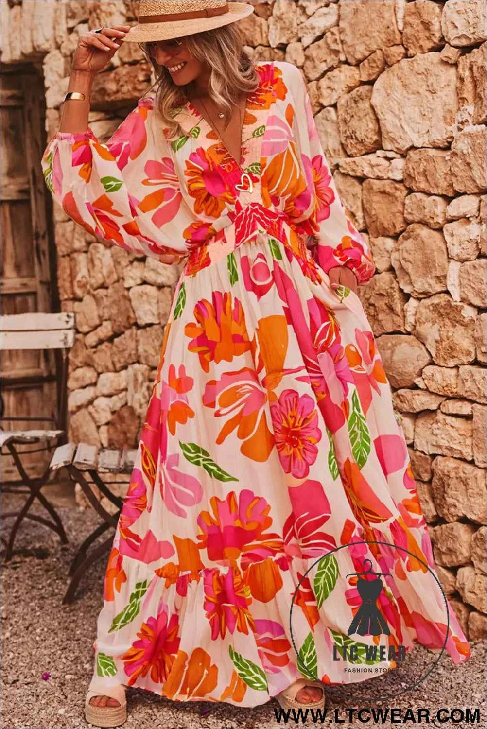 Beige Floral Print Smocked Detail V Neck Puff Sleeve Flowy Maxi Dress
