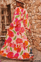 Beige Floral Print Smocked Detail V Neck Puff Sleeve Flowy Maxi Dress