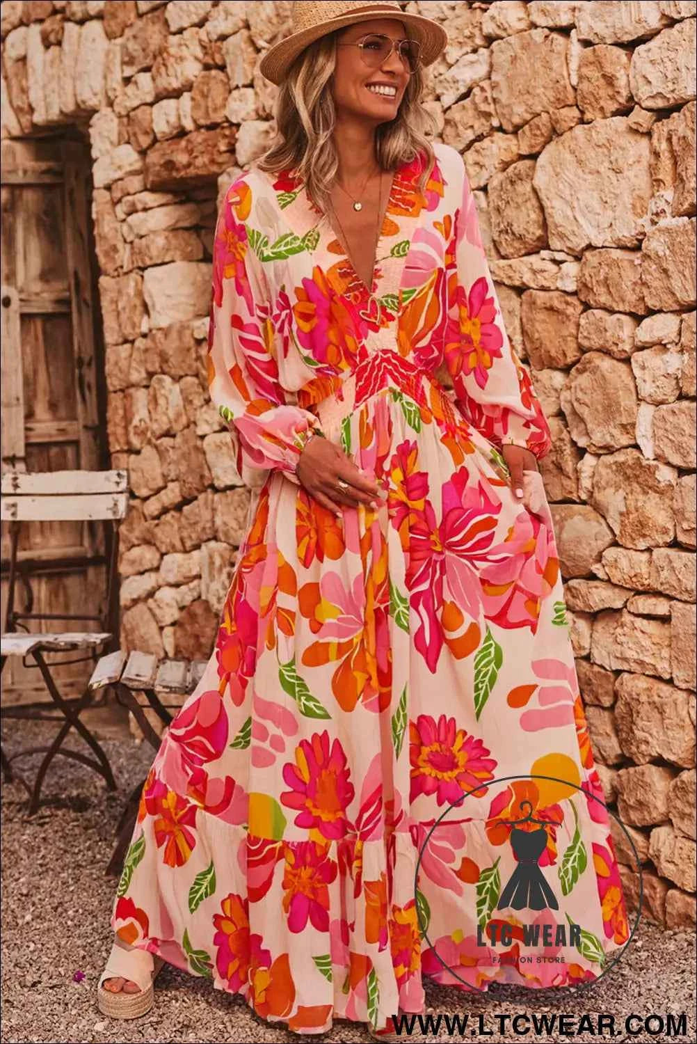Beige Floral Print Smocked Detail V Neck Puff Sleeve Flowy Maxi Dress