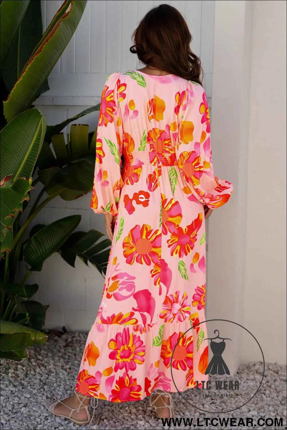 Beige Floral Print Smocked Detail V Neck Puff Sleeve Flowy Maxi Dress