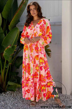 Beige Floral Print Smocked Detail V Neck Puff Sleeve Flowy Maxi Dress