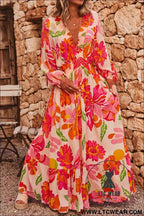 Beige Floral Print Smocked Detail V Neck Puff Sleeve Flowy Maxi Dress
