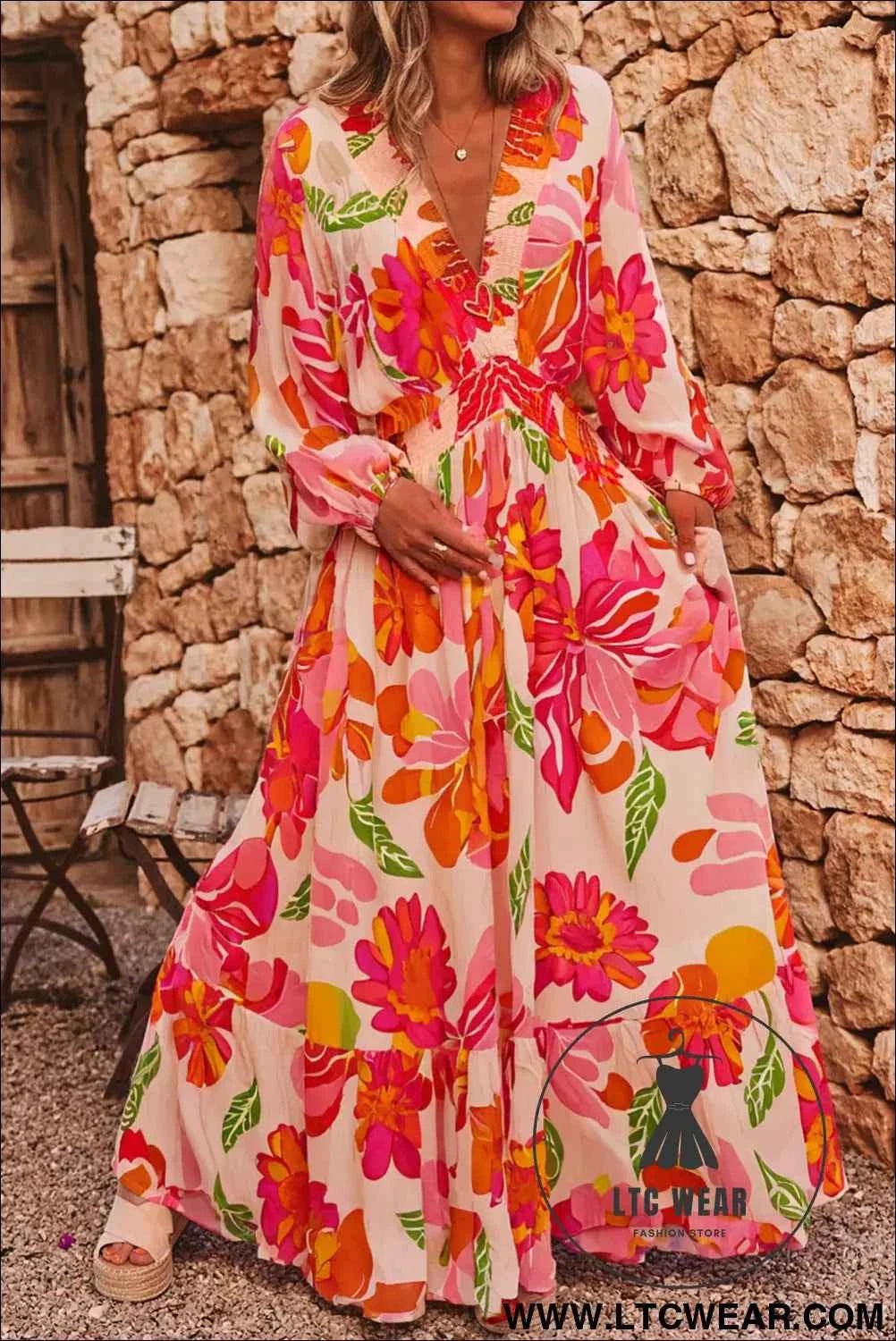 Beige Floral Print Smocked Detail V Neck Puff Sleeve Flowy Maxi Dress