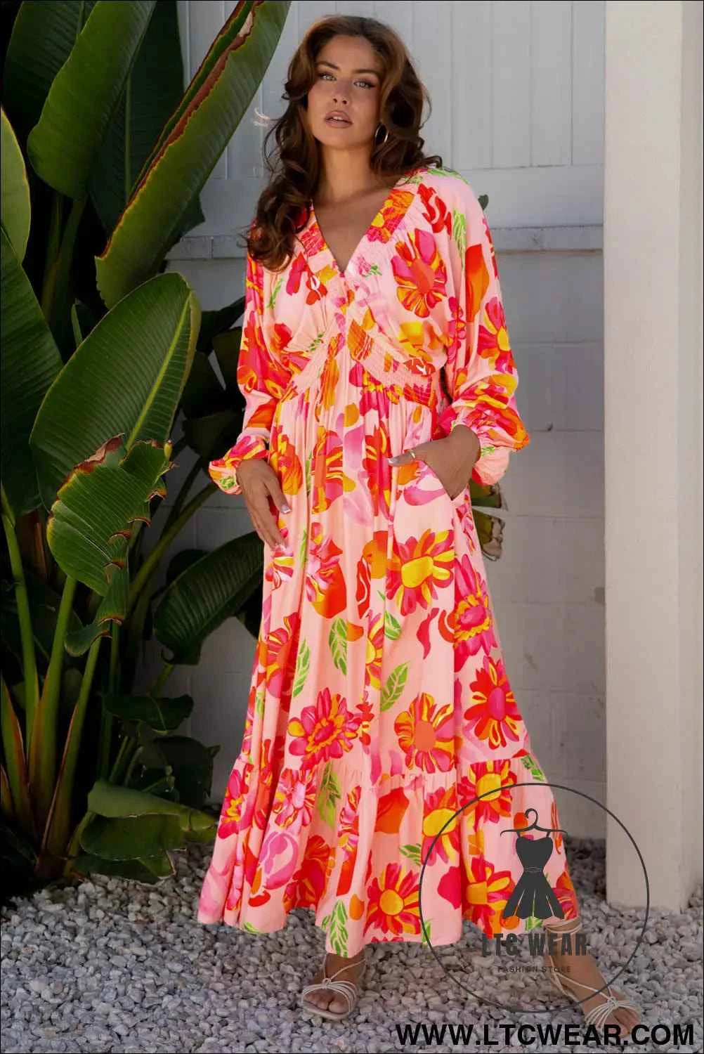 Beige Floral Print Smocked Detail V Neck Puff Sleeve Flowy Maxi Dress