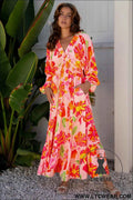 Beige Floral Print Smocked Detail V Neck Puff Sleeve Flowy Maxi Dress