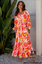 Beige Floral Print Smocked Detail V Neck Puff Sleeve Flowy Maxi Dress