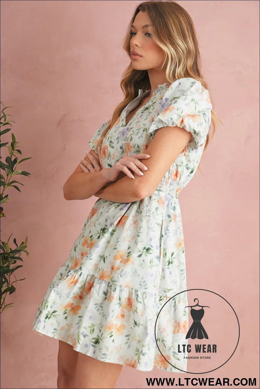 Beige floral print smocked high waist puff sleeve mini dress - floral dresses