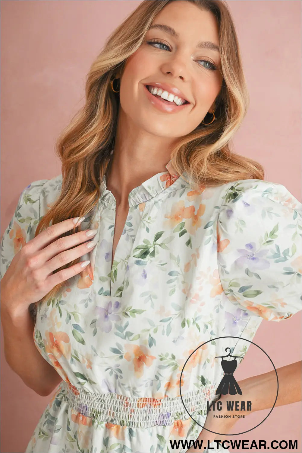 Beige floral print smocked high waist puff sleeve mini dress - floral dresses