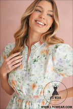 Beige floral print smocked high waist puff sleeve mini dress - floral dresses