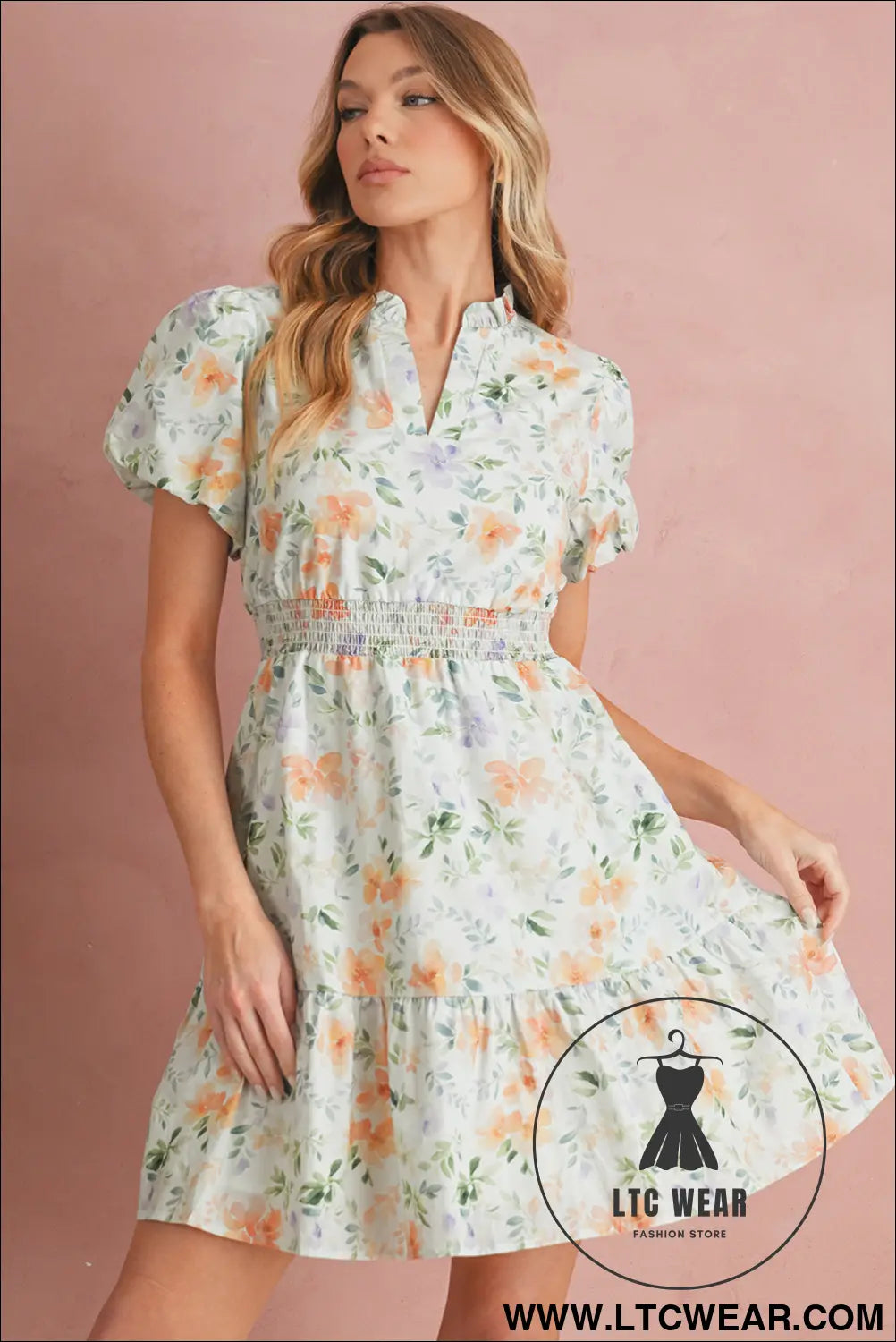 Beige floral print smocked high waist puff sleeve mini dress - floral dresses