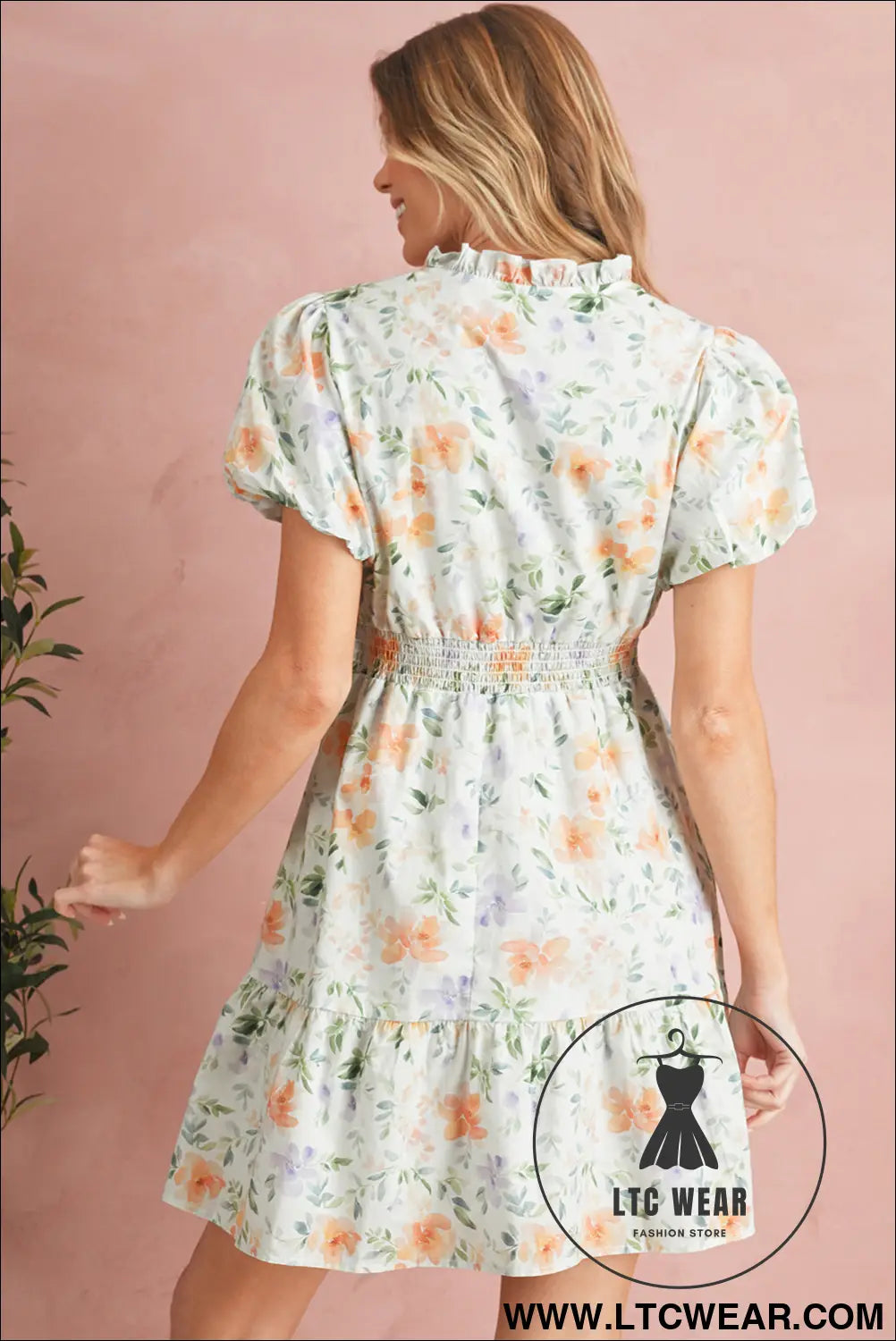 Beige floral print smocked high waist puff sleeve mini dress - floral dresses