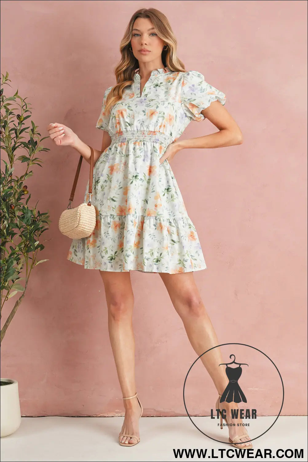Beige floral print smocked high waist puff sleeve mini dress - floral dresses