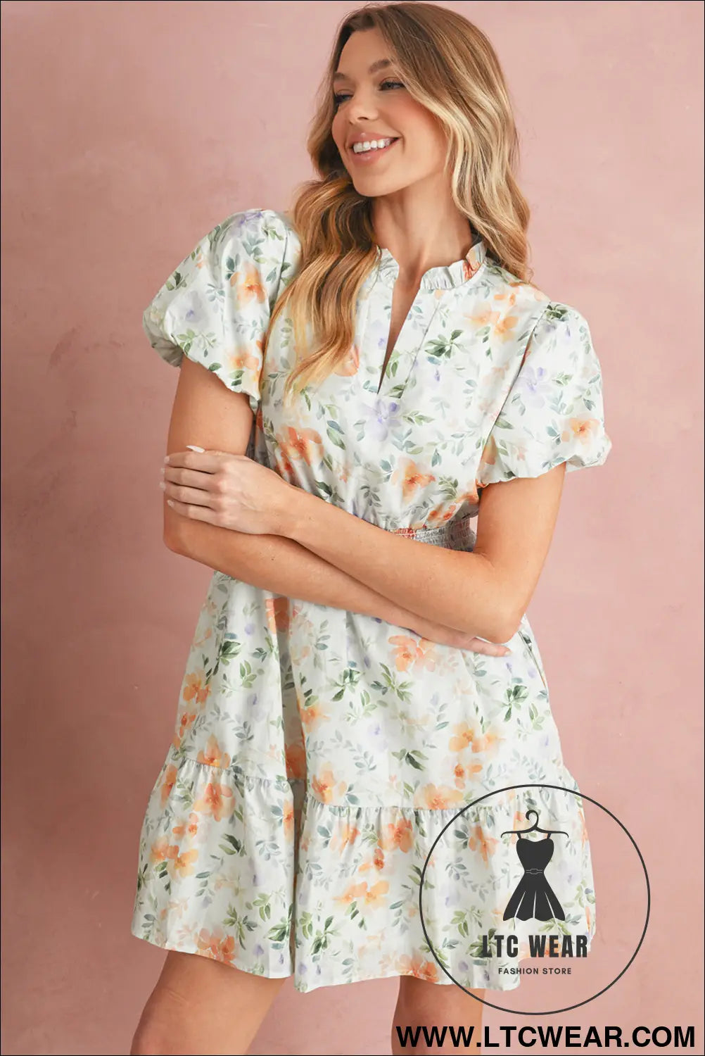 Beige floral print smocked high waist puff sleeve mini dress - floral dresses