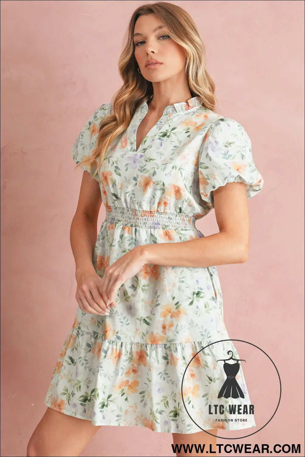 Beige floral print smocked high waist puff sleeve mini dress - floral dresses