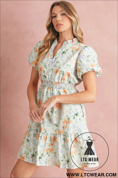 Beige floral print smocked high waist puff sleeve mini dress - floral dresses