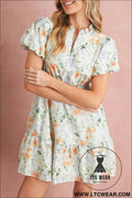 Beige floral print smocked high waist puff sleeve mini dress - beige / l / 100% cotton - floral dresses