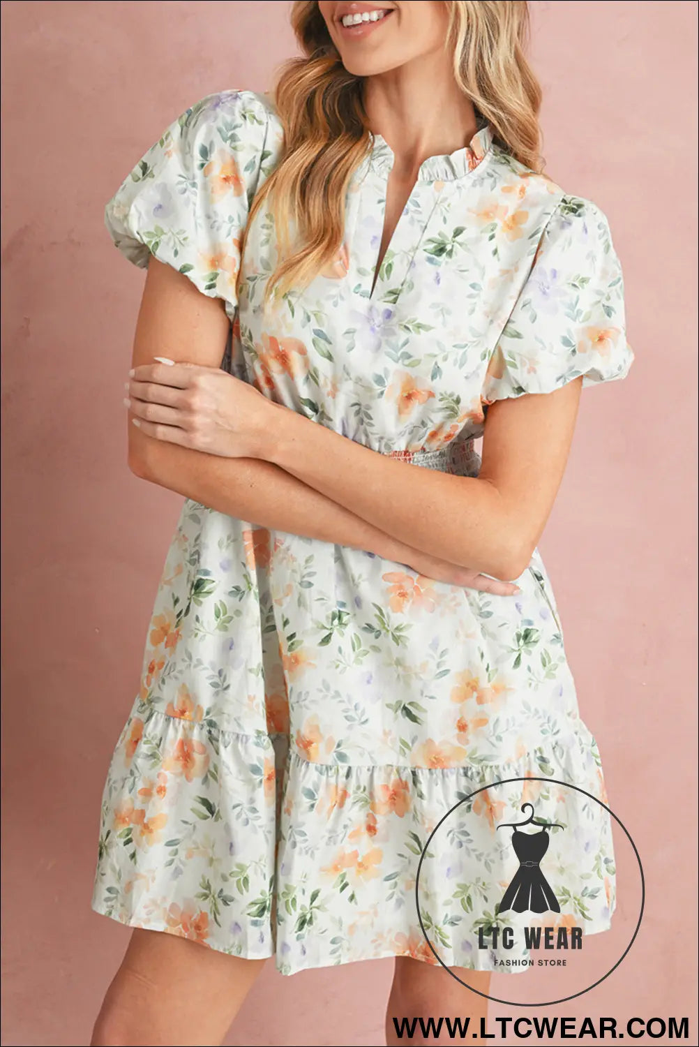 Beige floral print smocked high waist puff sleeve mini dress - beige / l / 100% cotton - floral dresses