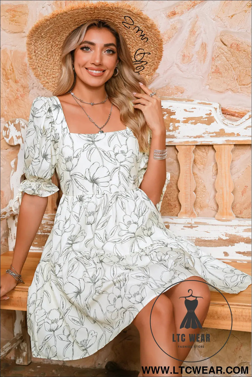 Beige floral print square neck shirred back puff sleeve mini dress - floral dresses