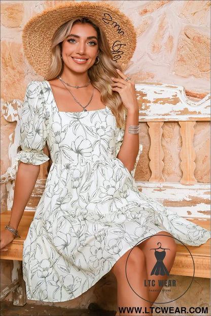 Beige floral print square neck shirred back puff sleeve mini dress - floral dresses