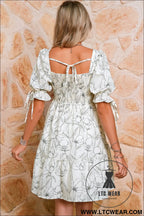 Beige floral print square neck shirred back puff sleeve mini dress - floral dresses