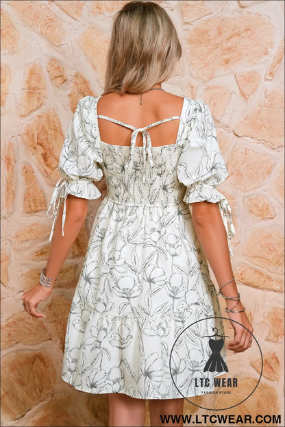 Beige floral print square neck shirred back puff sleeve mini dress - floral dresses