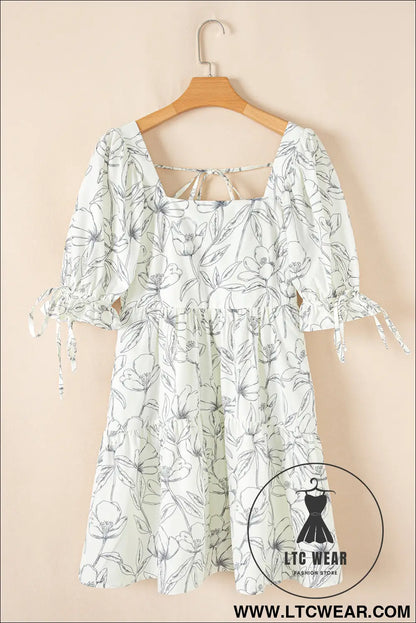 Beige floral print square neck shirred back puff sleeve mini dress - floral dresses