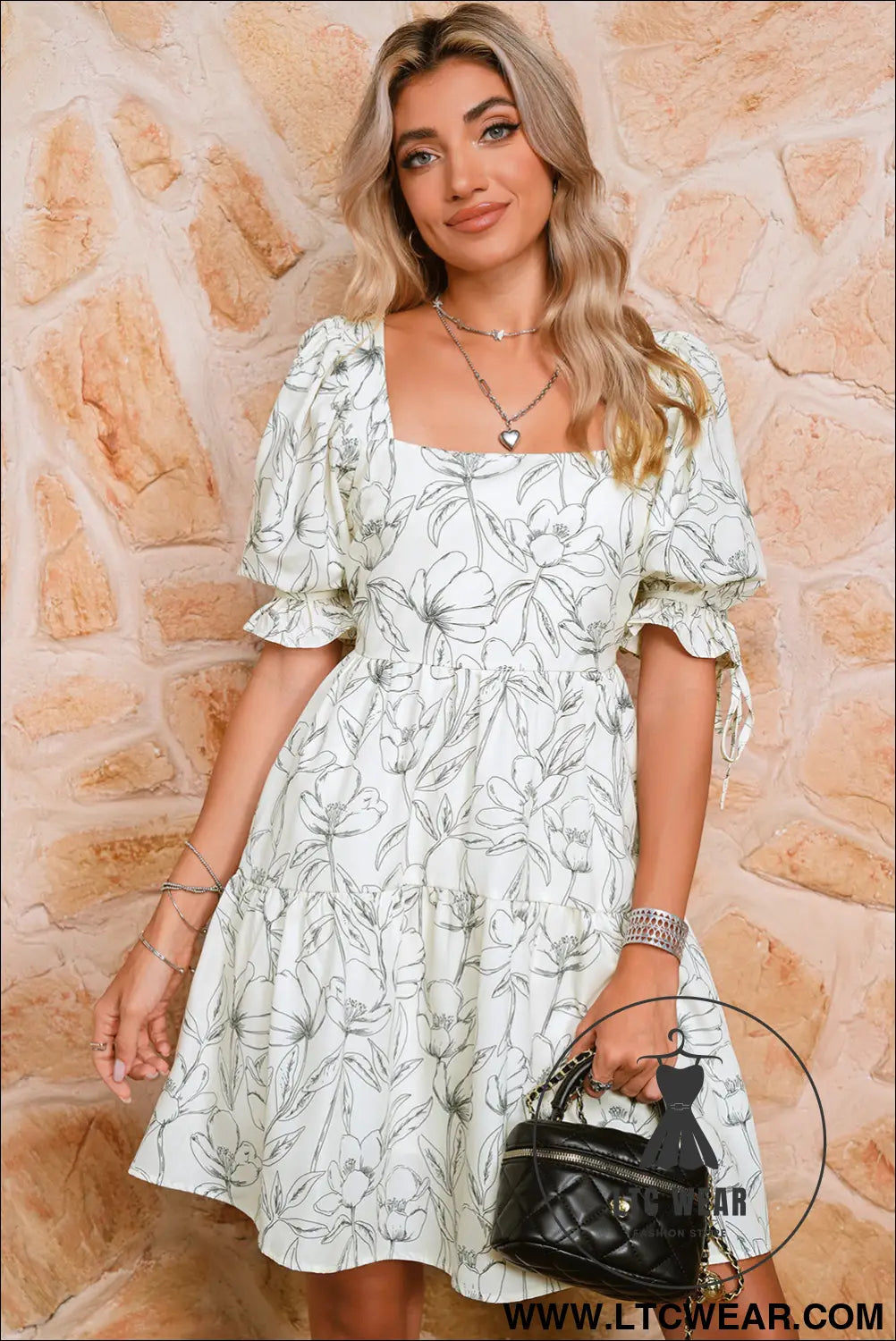 Beige floral print square neck shirred back puff sleeve mini dress - floral dresses