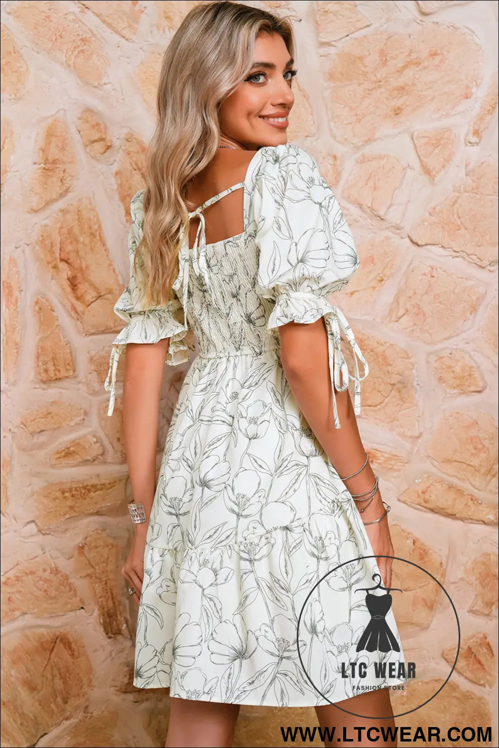 Beige floral print square neck shirred back puff sleeve mini dress - floral dresses