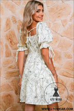 Beige floral print square neck shirred back puff sleeve mini dress - floral dresses