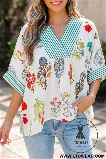 Beige Floral Print Striped Contrast Trim V Neck Half Sleeve Blouse
