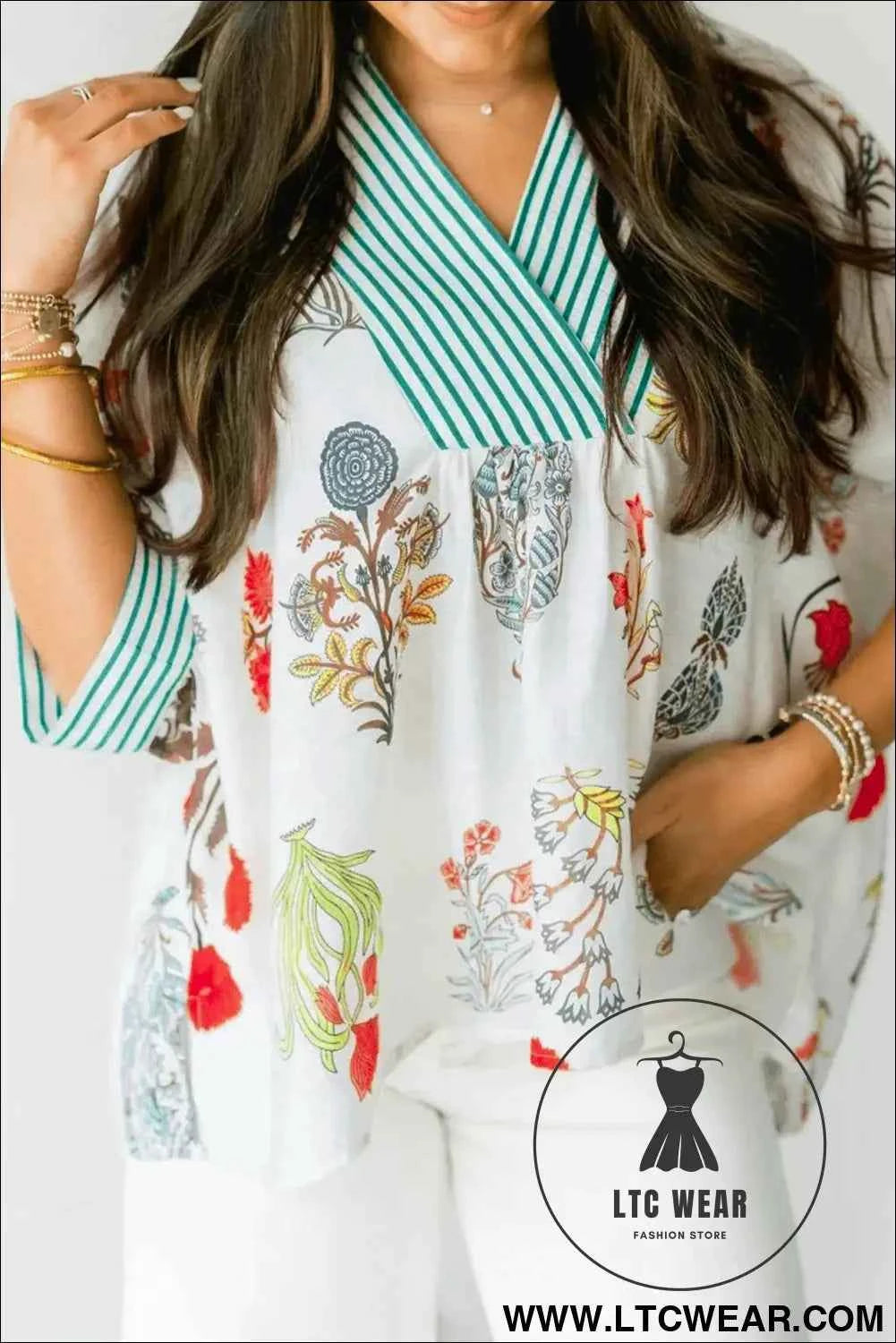 Beige Floral Print Striped Contrast Trim V Neck Half Sleeve Blouse