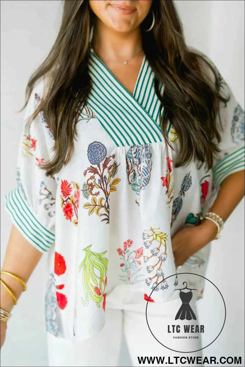 Beige Floral Print Striped Contrast Trim V Neck Half Sleeve Blouse