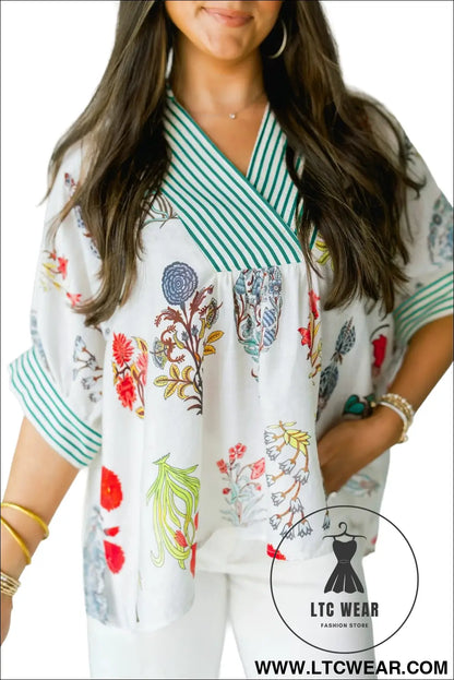 Beige floral print striped contrast trim v neck half sleeve blouse - blouses & shirts