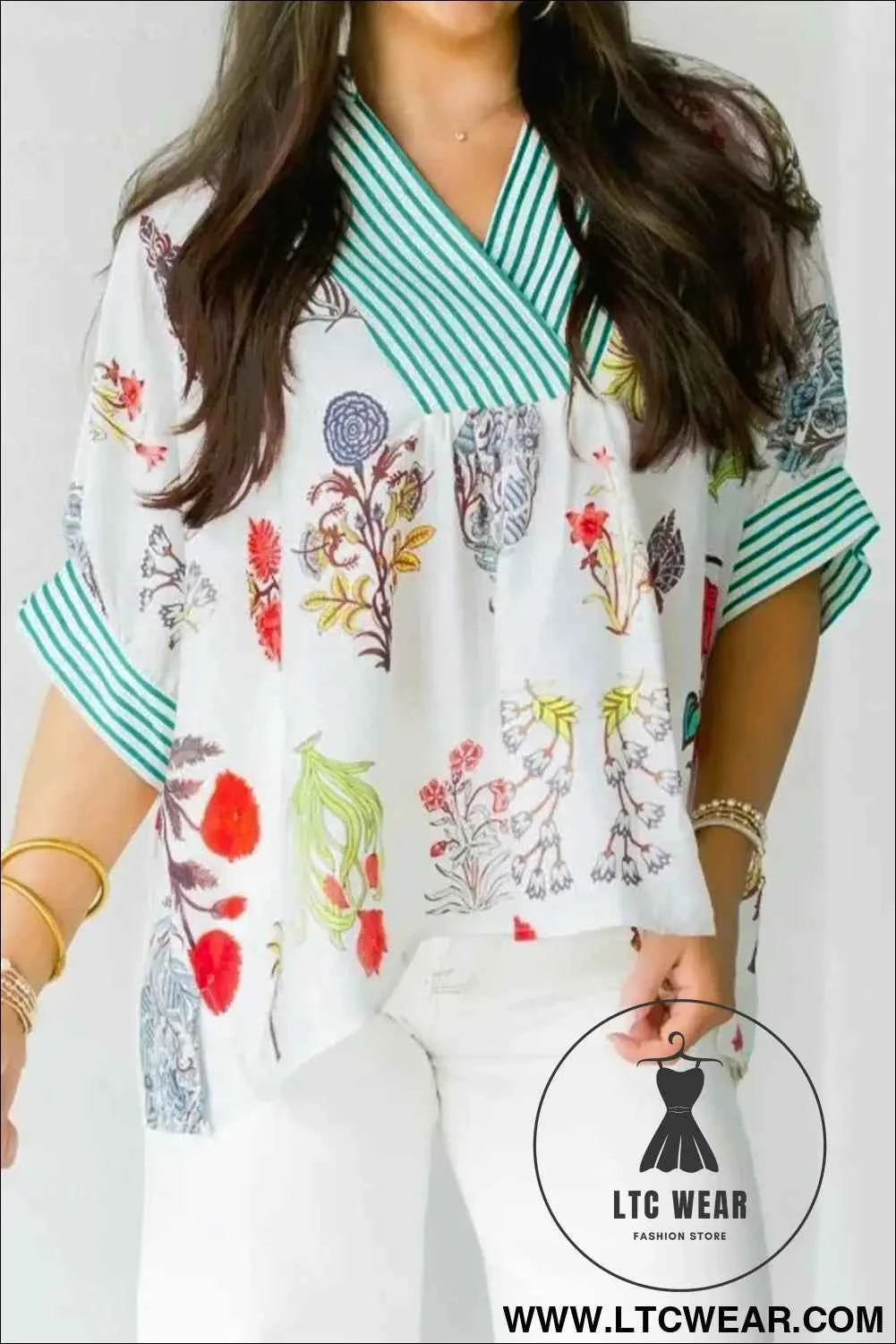 Beige Floral Print Striped Contrast Trim V Neck Half Sleeve Blouse