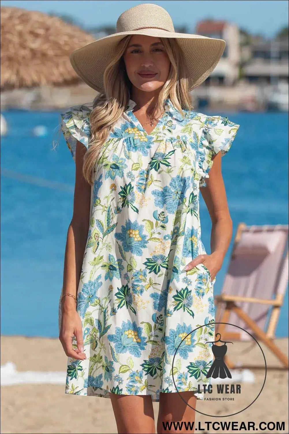 Beige Floral Print V Neck Triple Ruffle Short Sleeve Shift Mini Dress
