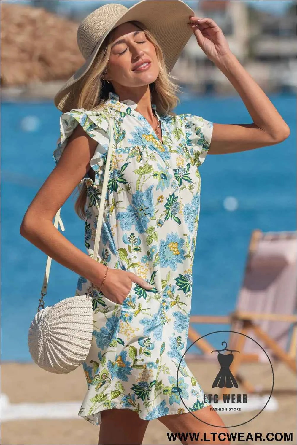 Beige Floral Print V Neck Triple Ruffle Short Sleeve Shift Mini Dress