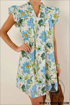 Beige Floral Print V Neck Triple Ruffle Short Sleeve Shift Mini Dress