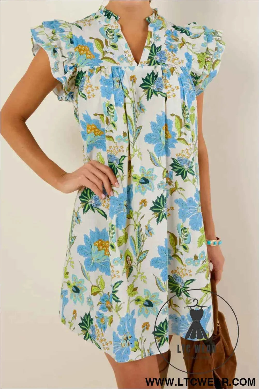 Beige Floral Print V Neck Triple Ruffle Short Sleeve Shift Mini Dress
