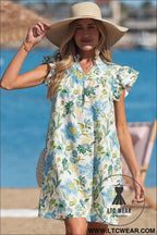 Beige Floral Print V Neck Triple Ruffle Short Sleeve Shift Mini Dress