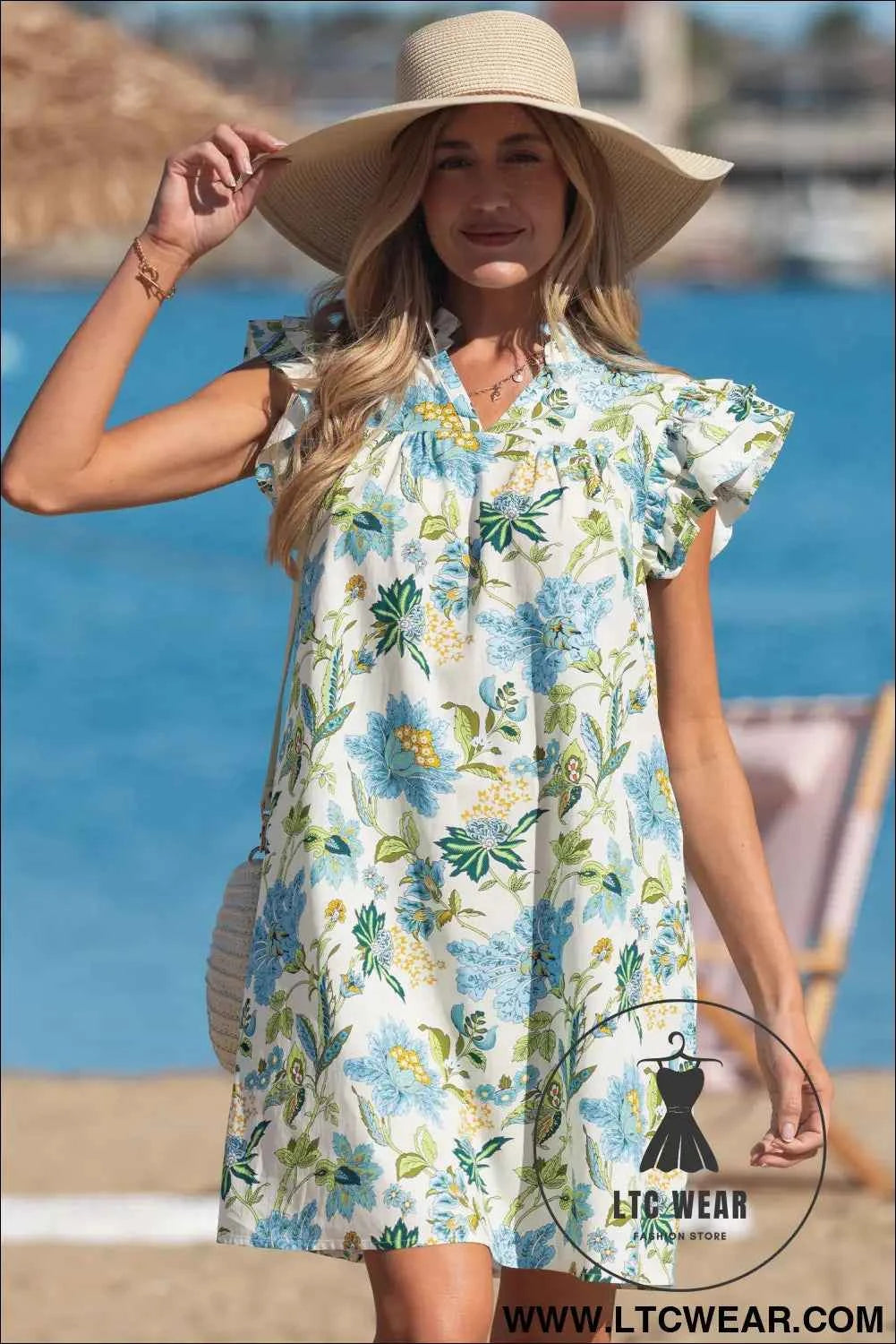 Beige Floral Print V Neck Triple Ruffle Short Sleeve Shift Mini Dress